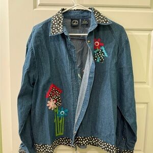 Whimsy Cottagecore Lighthouse Apparel Denim Shirt with Floral Embroidery